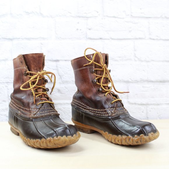 Vintage LL Bean Unlined Brown Leather Lace-up Duck Ankle Boots Size 6 M - Picture 3 of 9